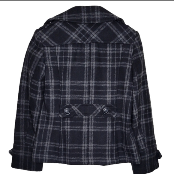 Giacca Plaid Black & Gray Wool Blend Military Style Peacoat - Picture 2 of 7